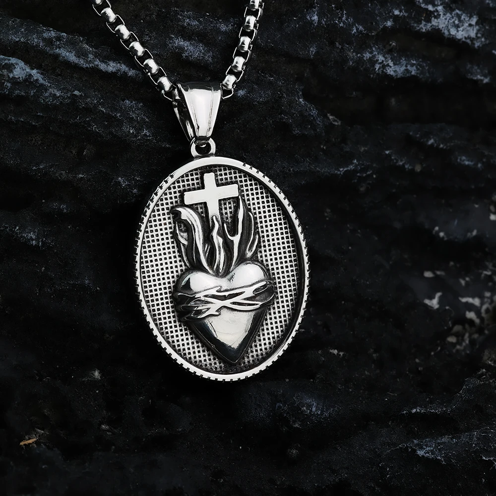 European and American Style Retro Cross Love Oval Men\'s Personalized Pendant Jewelry Titanium Steel Necklace