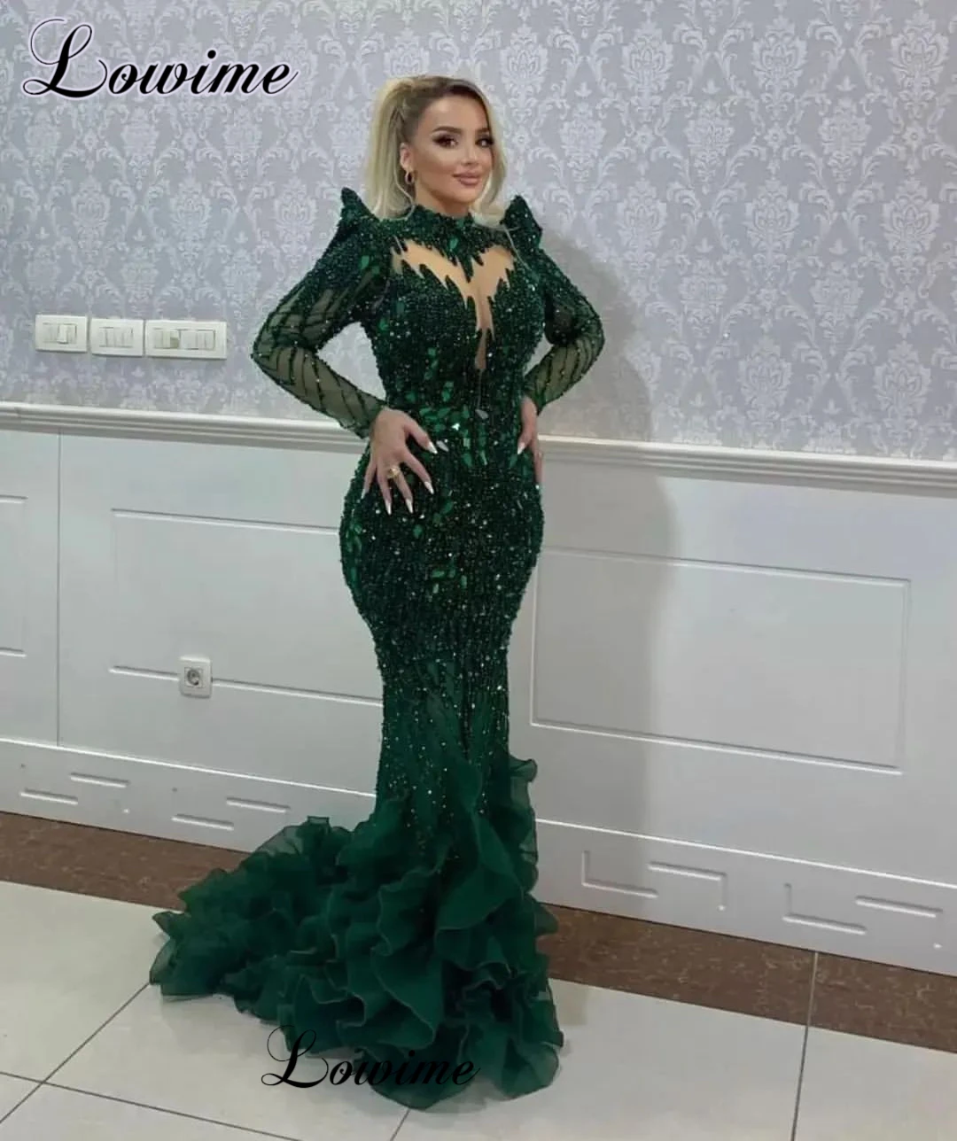 Elegant Green Evening Dresses Long Sleeves Mermaid Prom Dresses Luxury Beaded Formal Occasion Dresses For Women Robes De Soirée