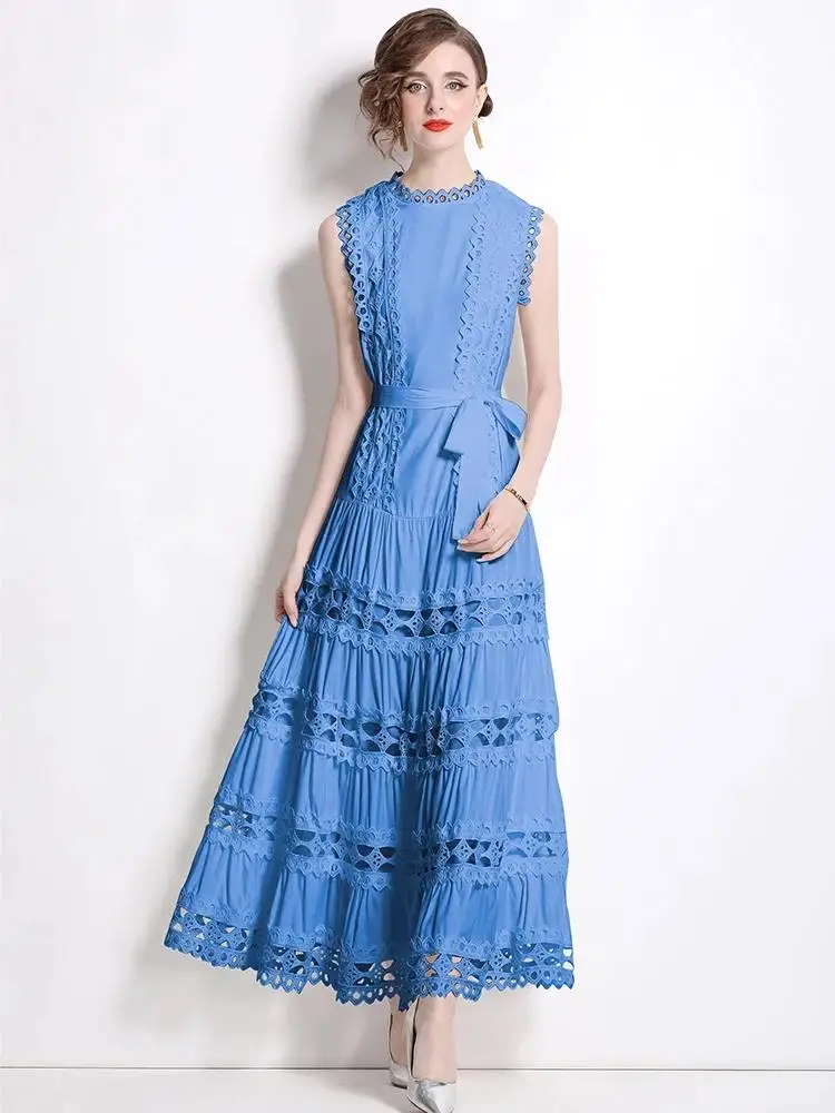 الصيف الدانتيل تقسم التطريز الدانتيل يصل حزام مساء رداء فستان المرأة بلا أكمام الجوف خارج الصلبة طويلة ملابس حفلات الزفاف