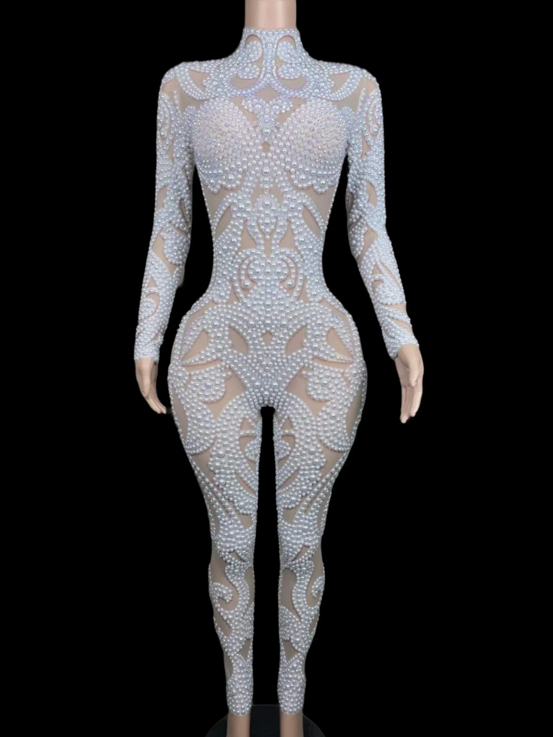 Sparkly Beaded Full Pearl Luxury Women Jumpsuits Wedding Party Birthday Queen Stage Performance Wear White Dance Costume