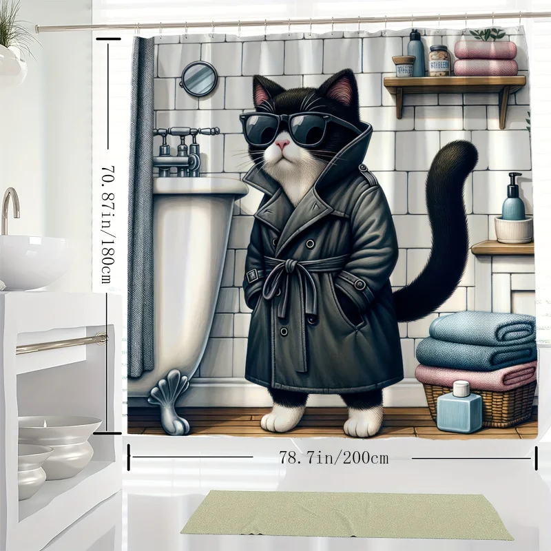 YWJHUI Cartoon Cat Shower Curtain with Hooks, Water-resistant Polyester Bathroom Decor, Machine Washable, Animal Themed Knit Wea