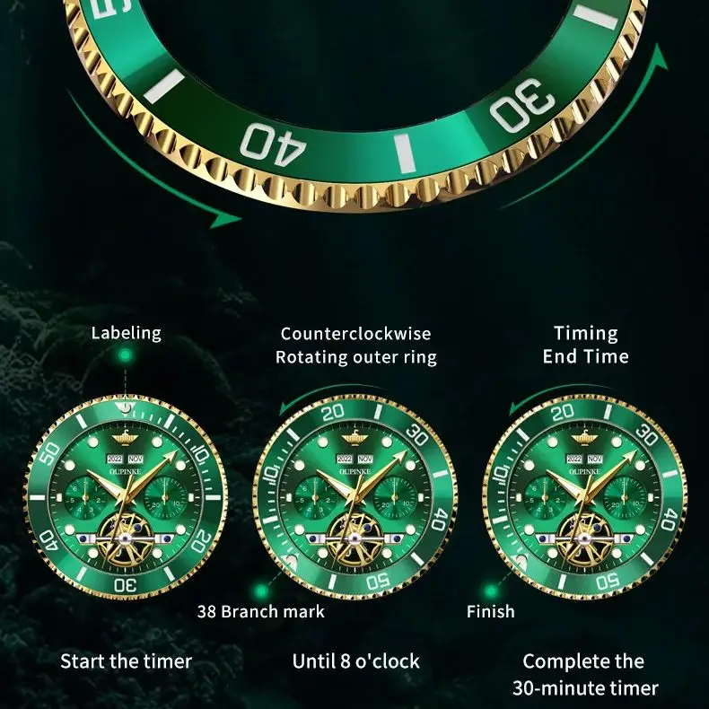 OUPINKE 3229 Men\'s Watches Automatic Mechanical High-end Wristwatch Green Water Ghost Date Year Luxury Brand Watch for Man