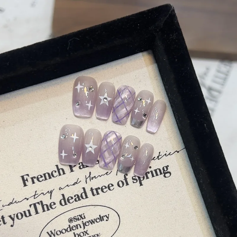 10 조각 봄 여름 레트로 달콤한 프랑스어 수제 프레스 손톱 보라색 고양이 눈 줄무늬 격자 무늬 가짜 손톱 이동식 재사용 가능