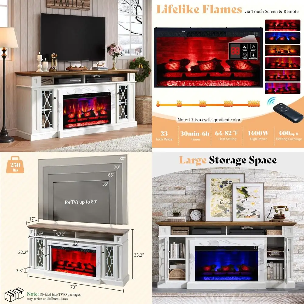 

70-inch Farmhouse Style Heavy Duty Fireplace TV Stand with 33-inch Electric Fireplace, Suitable for 80-inch TVs, Media and Enter