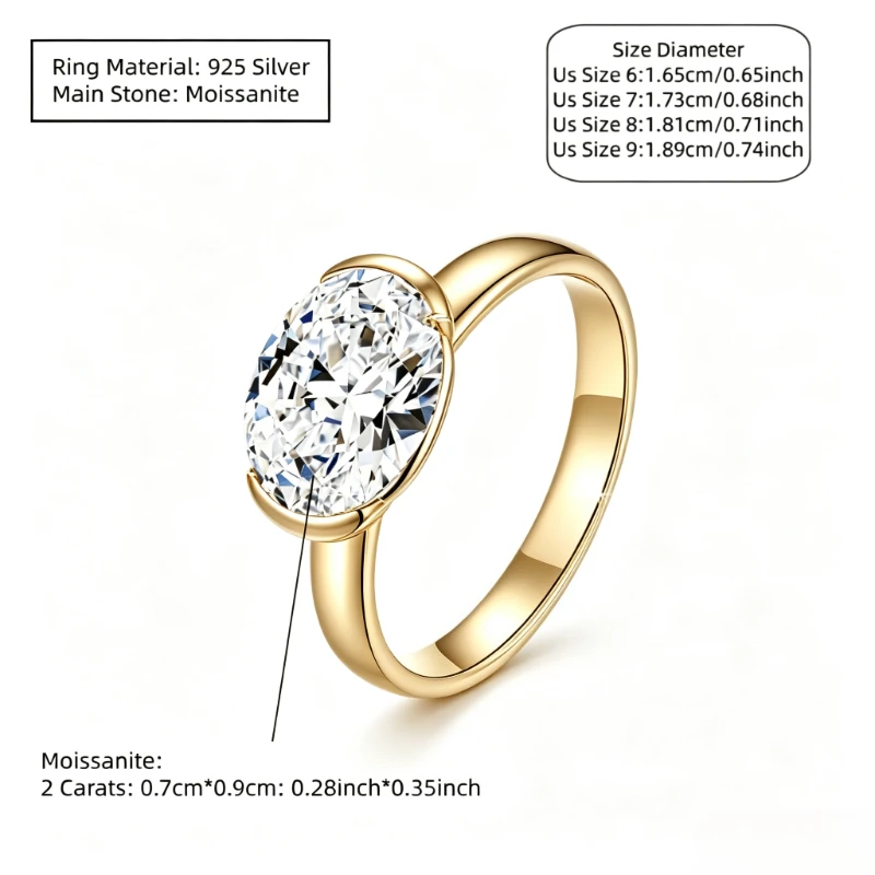 Ein einfacher Ehering aus 925er Silber und 2 Karat ovalem Moissanit, Unisex. – Detail 5