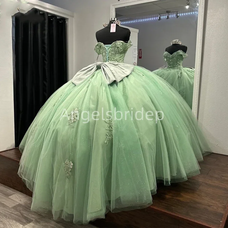 Angelsbridep Sage Green Off Shoulder Mexican Quinceanera Dressess Applique Lace Beads Tull Prom Lace Up Vestido 15 Quinceañeras