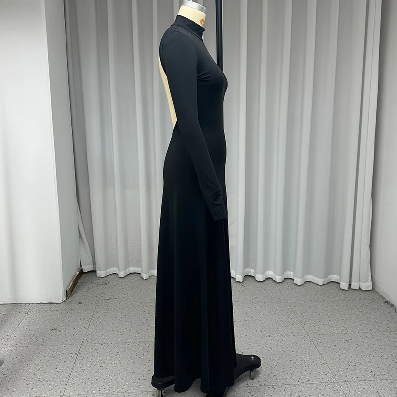 Ellafads Autumn Winter Elegant Maxi Dress Women Solid Long Sleeve Round Neck Nipped Waist Slim Backless Black Party Dresses