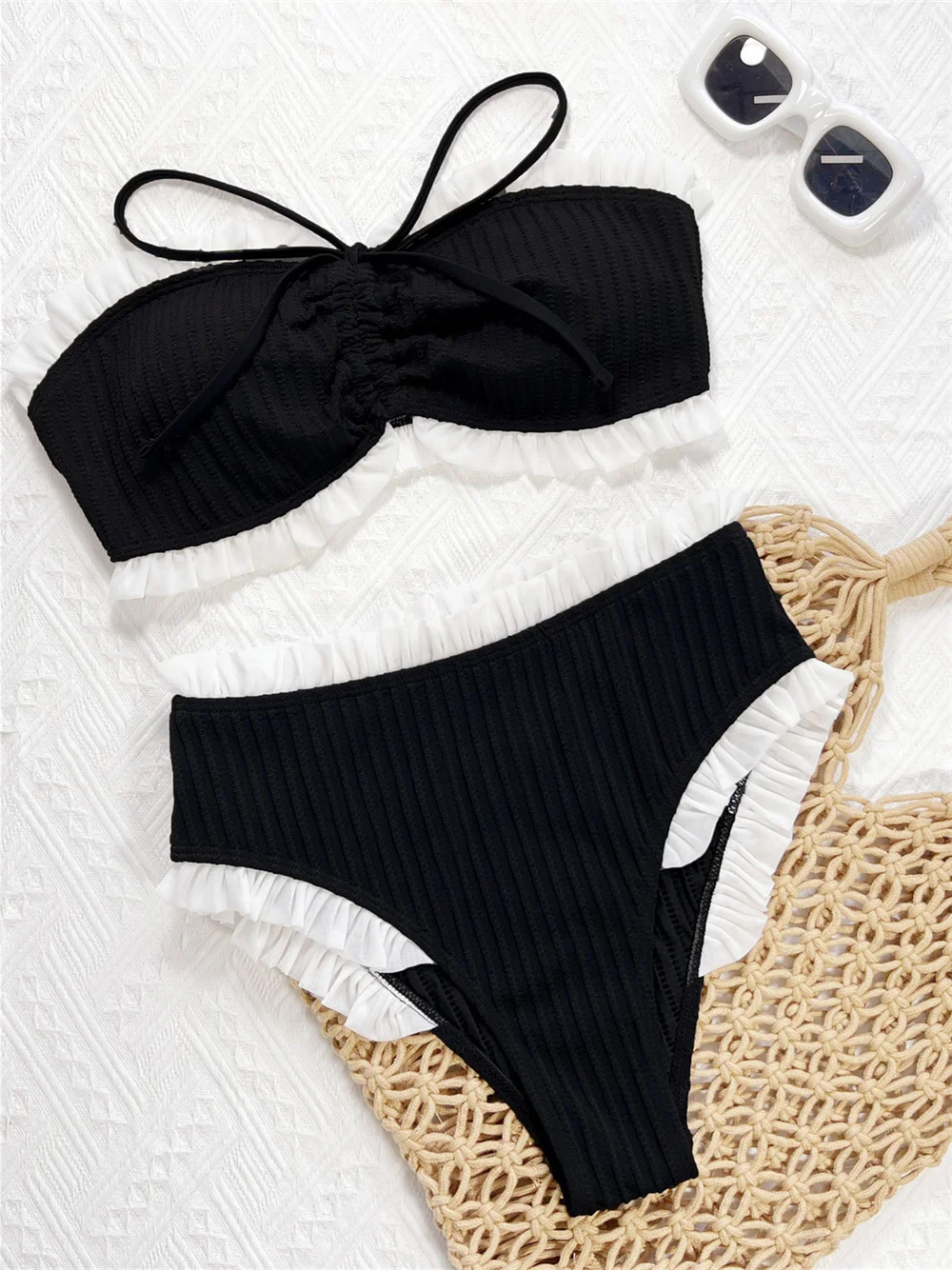 Sexy Black Bandeau Swimsuit with White Ruched Border Bikini High Waist Ribbed Swimwear Women Vacation Beach Outfit Bathing Suits