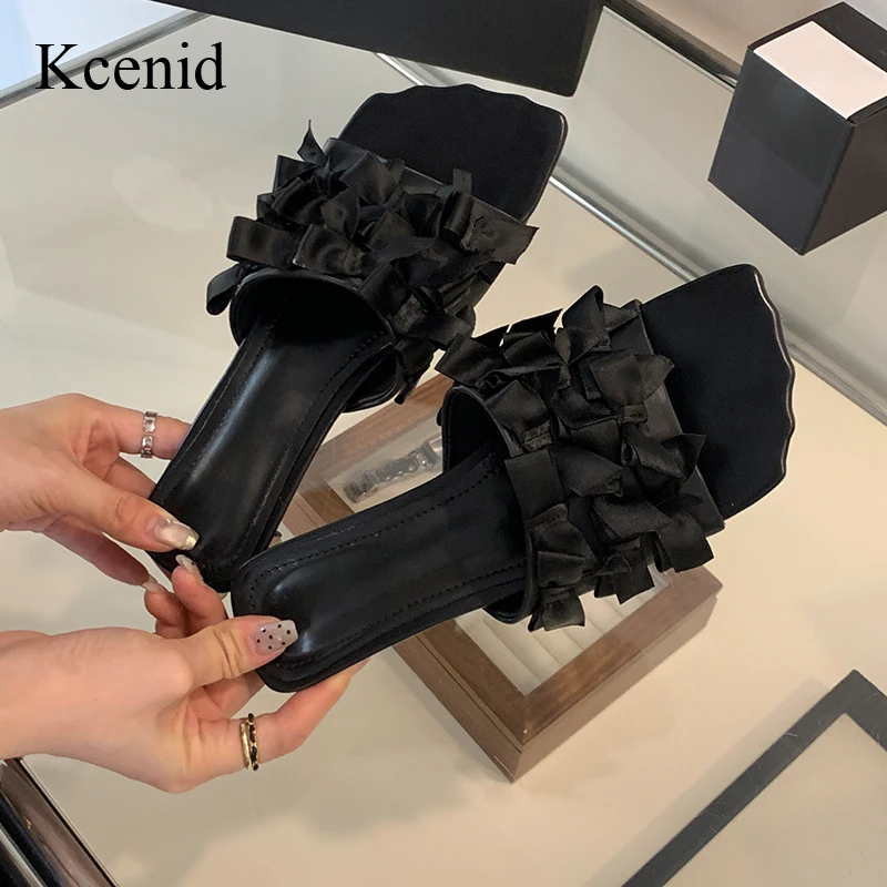 

Kcenid Fashion Butterfly-knot Square Heel Modern Slippers Women Summer Low Heels Concise Elegant Slip On Sandals Wedding Shoes