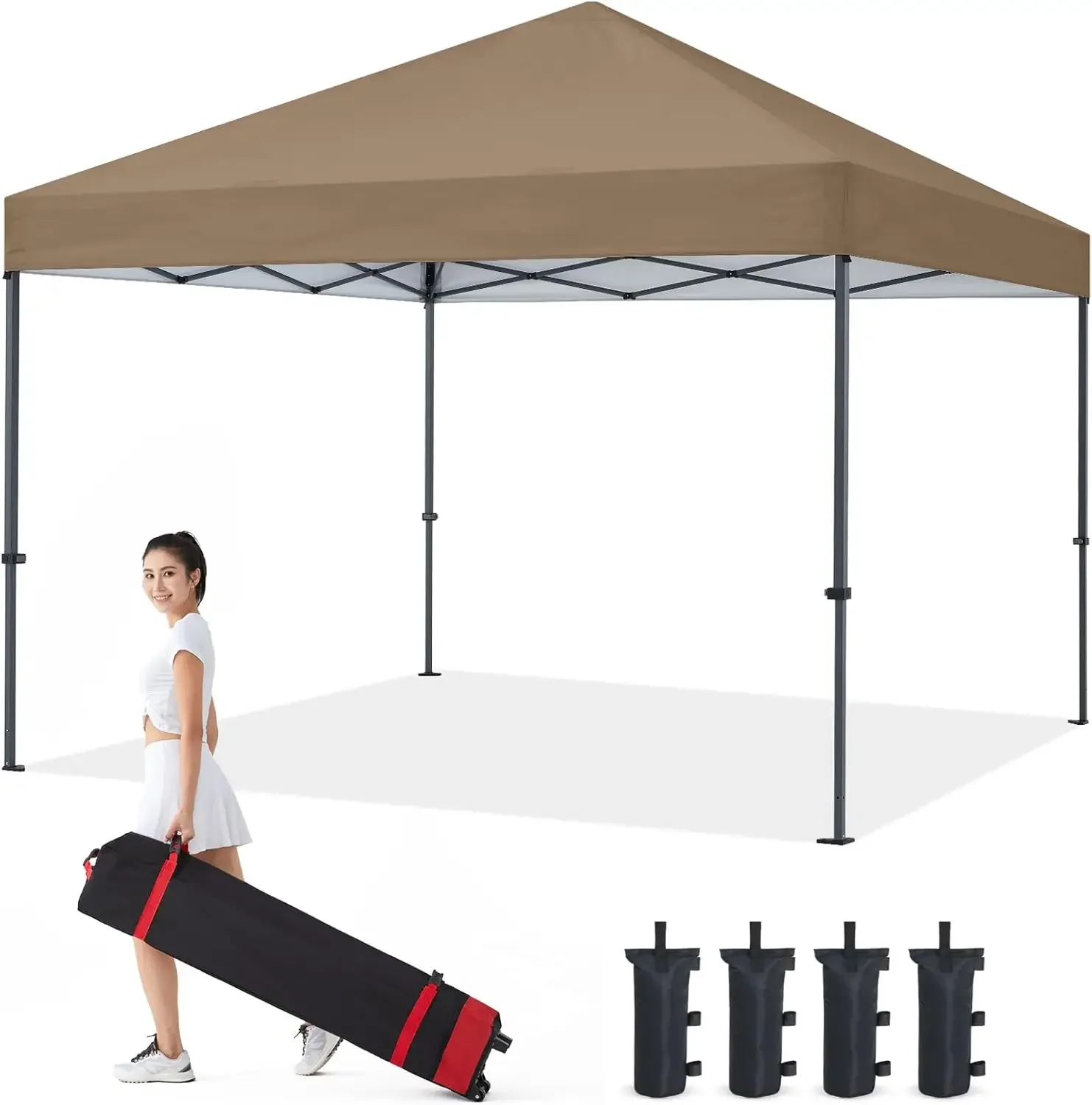 

Durable Instant Canopy 10x10Ft(Khaki) W/ Fully Assembled One-Piece Frame in High Gauge Sturdy Metal