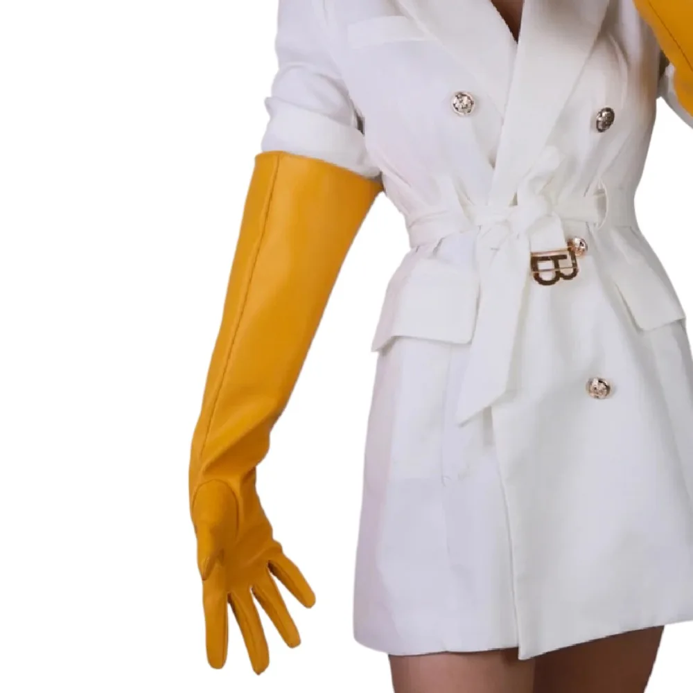 

PATENT LONG GLOVES 50cm Big L PUFF SLEEVES Unisex Faux Leather Elbow Shine Yolk Yellow Opera Evening fashion women female fairy