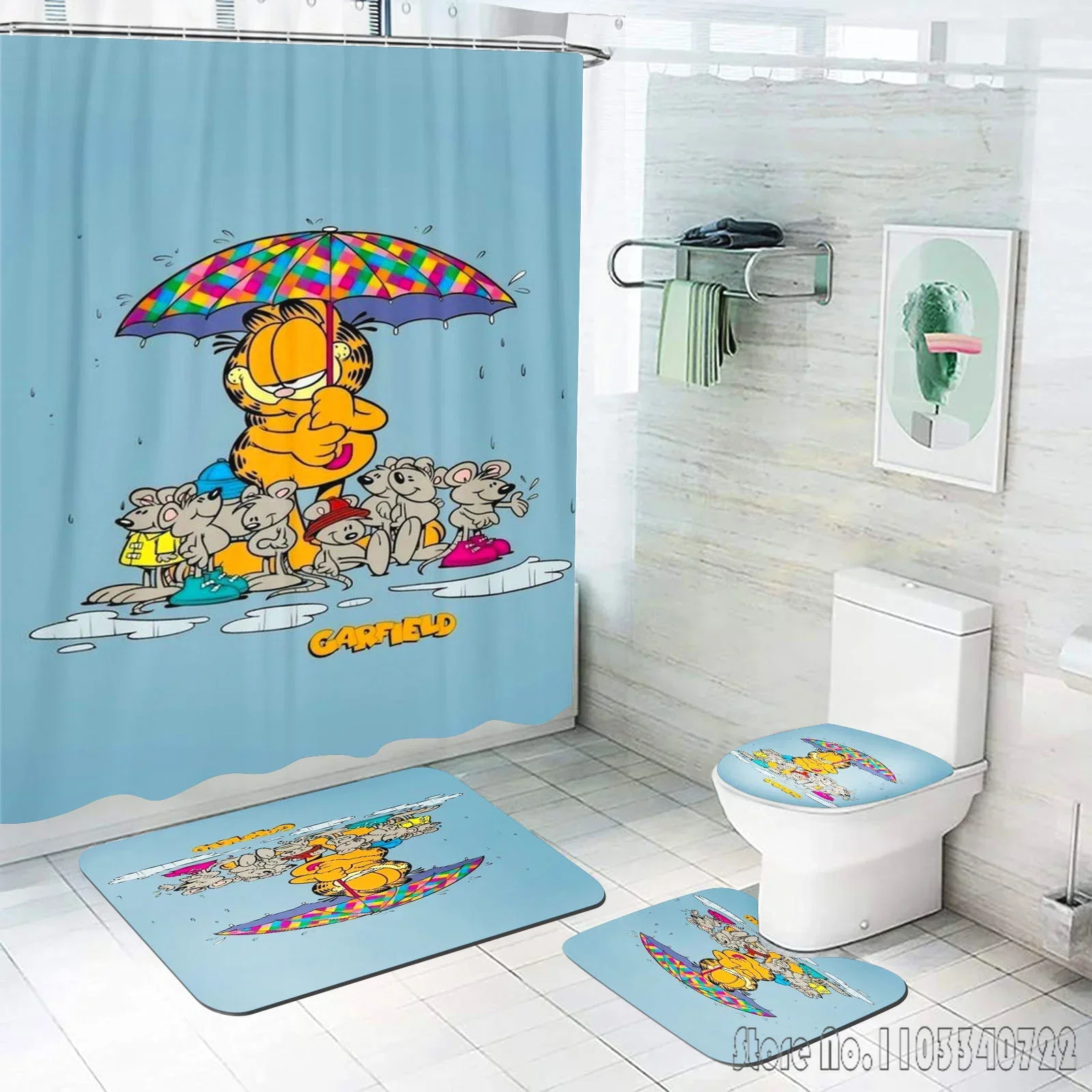 Disney G-Garfield Cat Bath Shower Curtain Set 4pcs with Hooks Waterproof Bathroom Toilet Mat Lid Decor