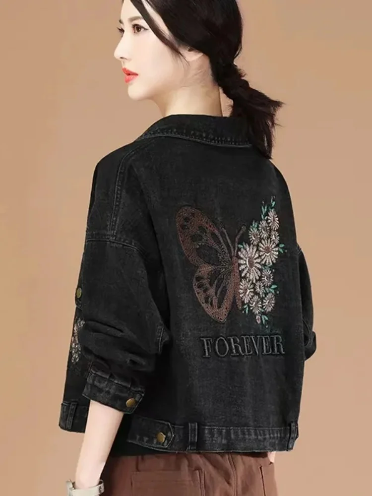 Embroidered Women's Denim Jacket Retro Letter Butterfly Embroidery Loose Shorts Cowboy Jackets For Women Chaquetas Para Mujeres