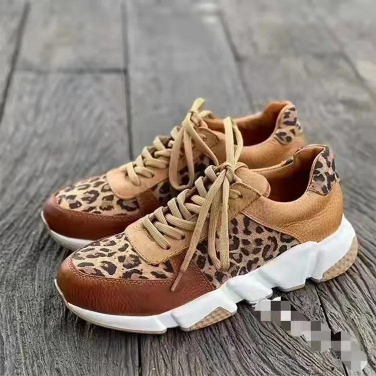 Platform Sneakers Women 2023 Round Toe Low-top Leopard Wedge Shoes Women\'s Lace Up Socofy Casual Sports Shoes