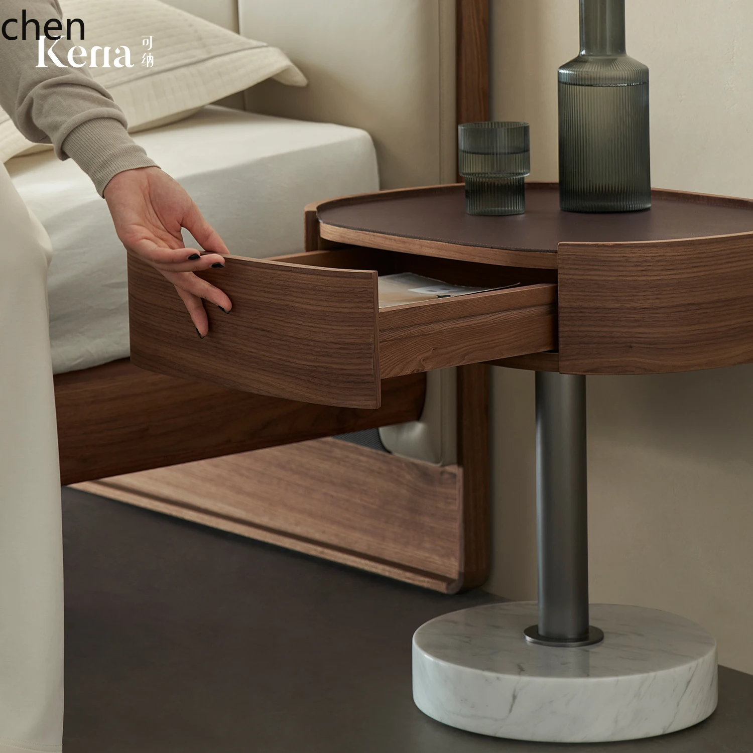 PYH leather marble simple modern home bedroom solid wood bedside table