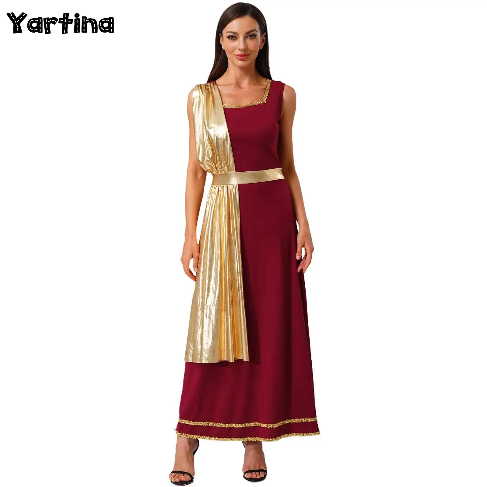 

Women Praise Lyrical Dance Dress Church Choir Worship Ancient Greek Roman Tunic Costume Gold Trim Metallic Shiny Drape Robe Toga