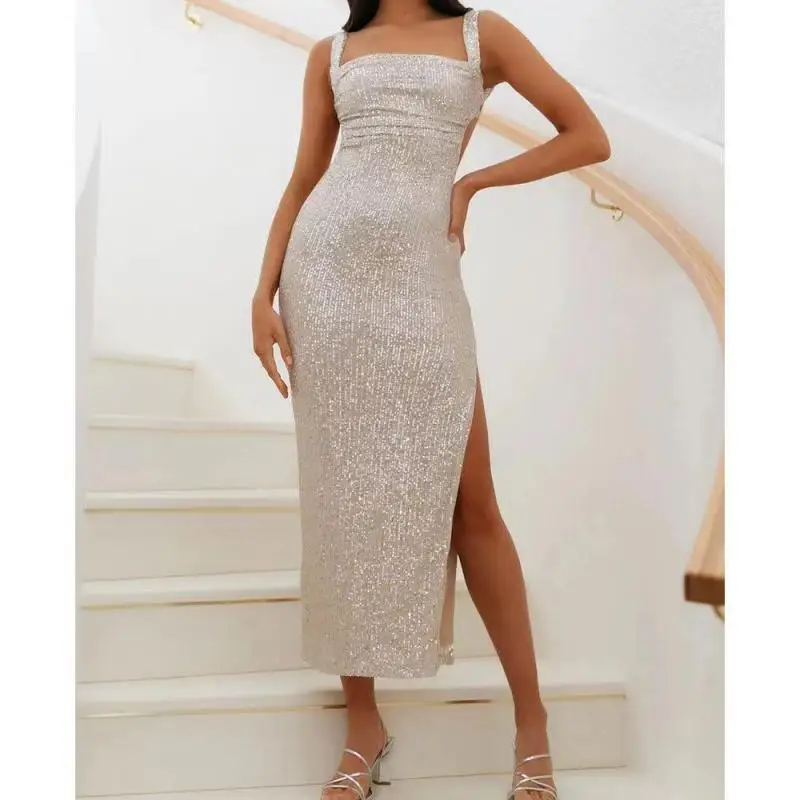 2024 New Women\'s Square Neck Slim Fit Sexy Backless Backless Strap Split Bead Sequin Evening Dress Dress