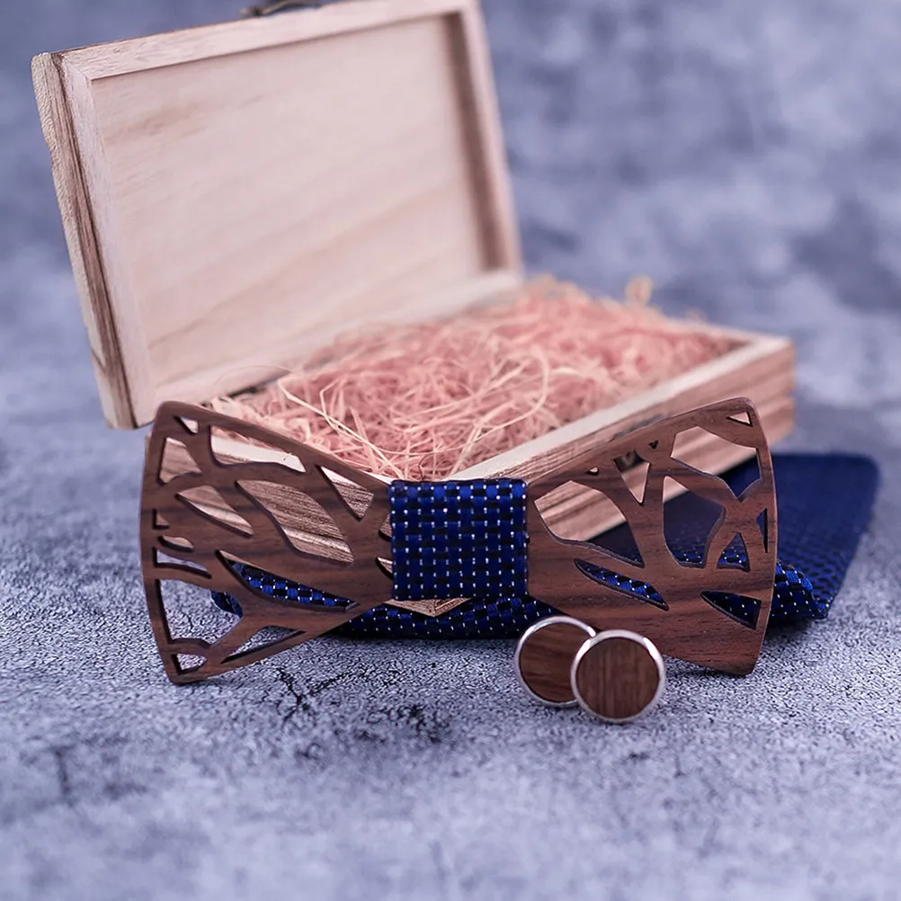 

4Pcs Wooden Hollow Bowtie Set for Men Includes Cufflinks Square Towel and Gift Box Wedding Anniversary Birthday Groom
