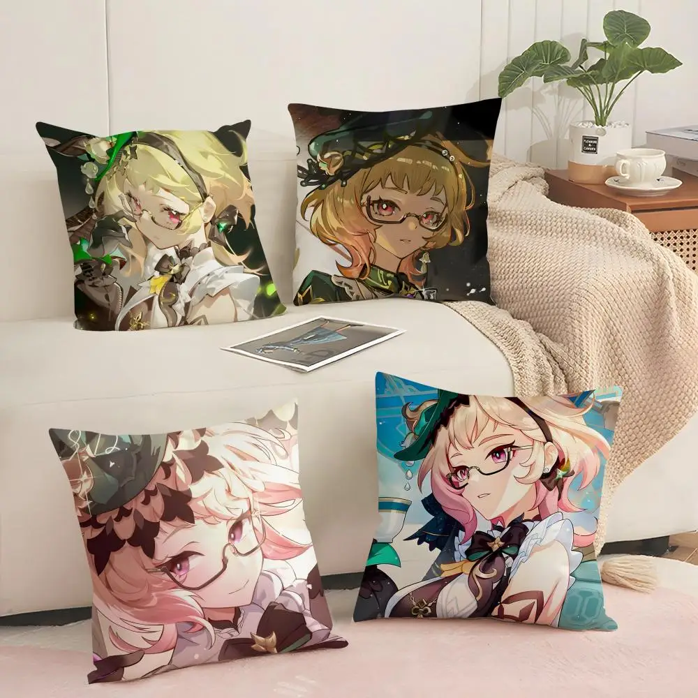 Game Genshin Impact Emilie Cushion Cover Silky Short Plush Invisible Zipper Dustproof Sofa Pillow Case for Home Decor