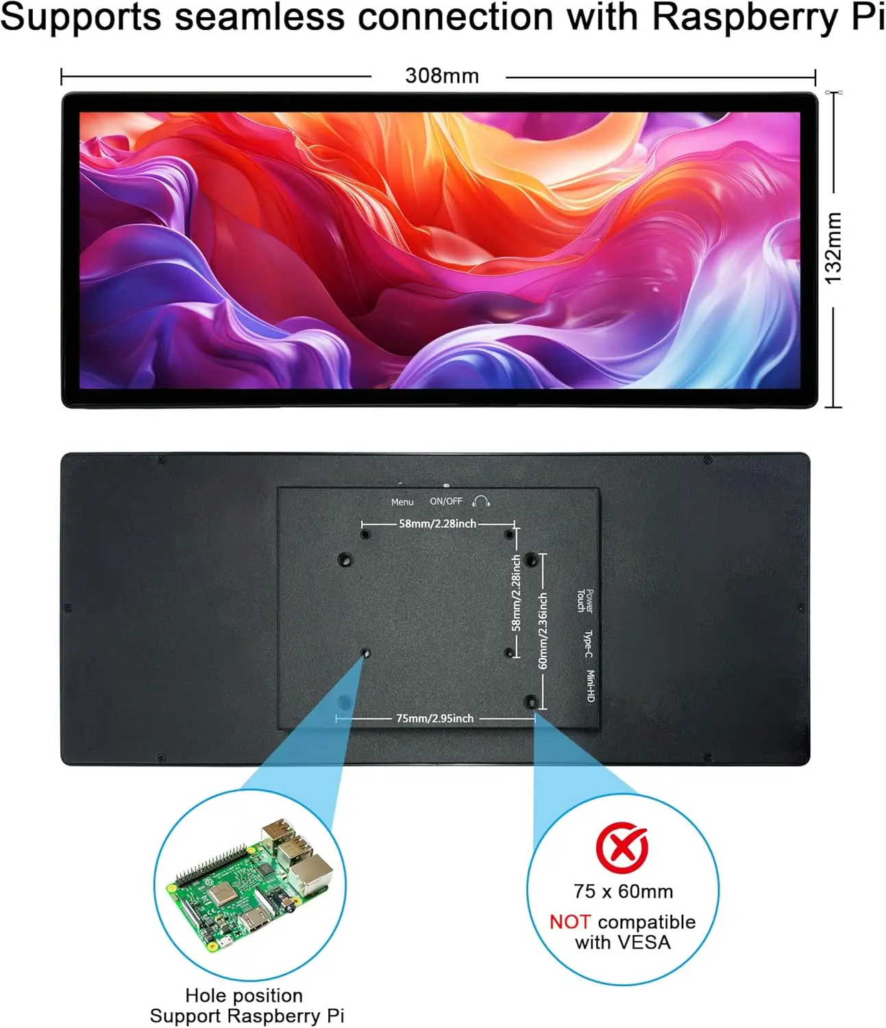 12.3 Inch Touch Screen Portable Monitor HDMI USB-C 1920x720 Stretched Bar LCD Mini Secondary Display for PC Laptop Raspberry Pi