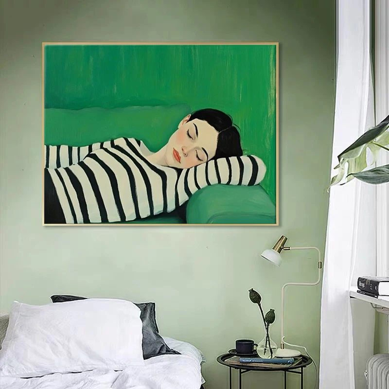 Frameless Woman Sleeping on The Sofa Poster and Prints Figure in Stripes Canvas Painting Green Wall Art Picture for Living Room