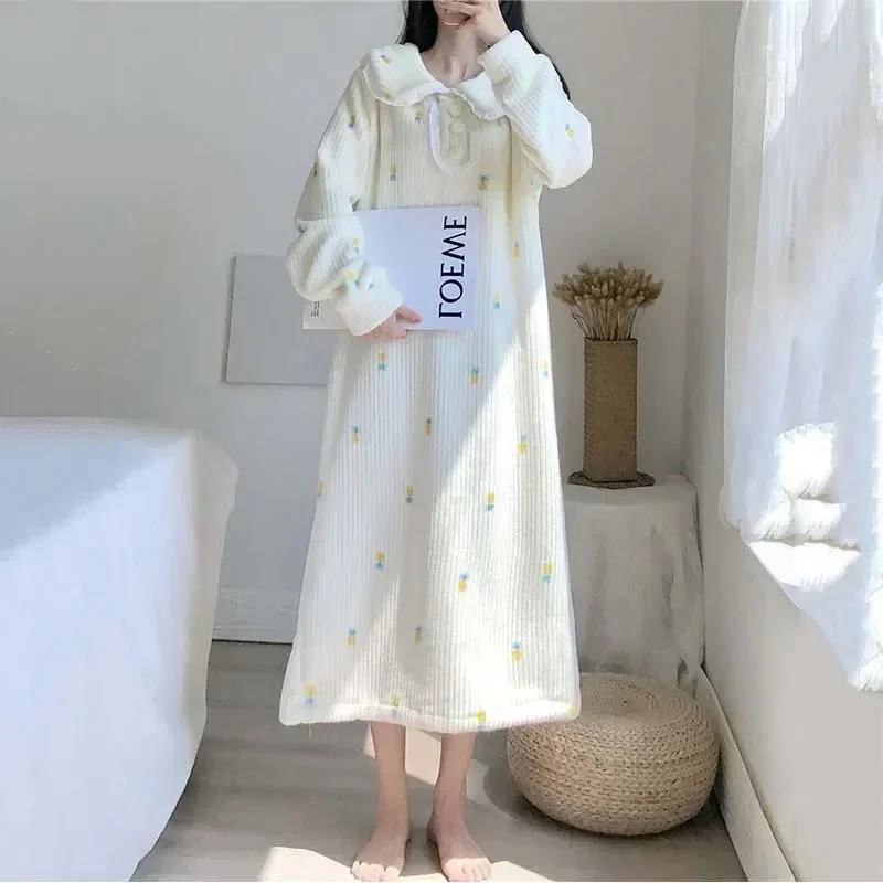 Pineapple In Home Sleepwear Piece New Pajamas Night Nightgown Fleece Dress Warm Women Nightwear Sleeve One Winter 2023 Lace Long