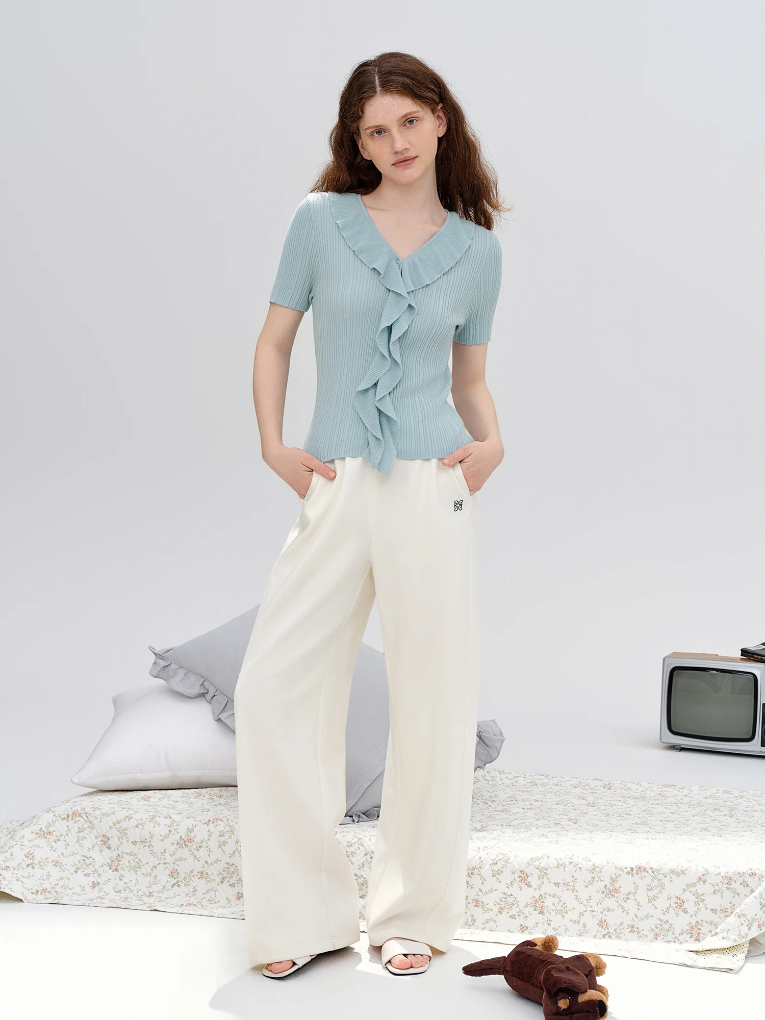 DUSHU 2026 Autumn New Women's Color-Block Drawstring Wide-Leg Pants Slimming Straight-Leg Trousers Available in Multiple Sizes