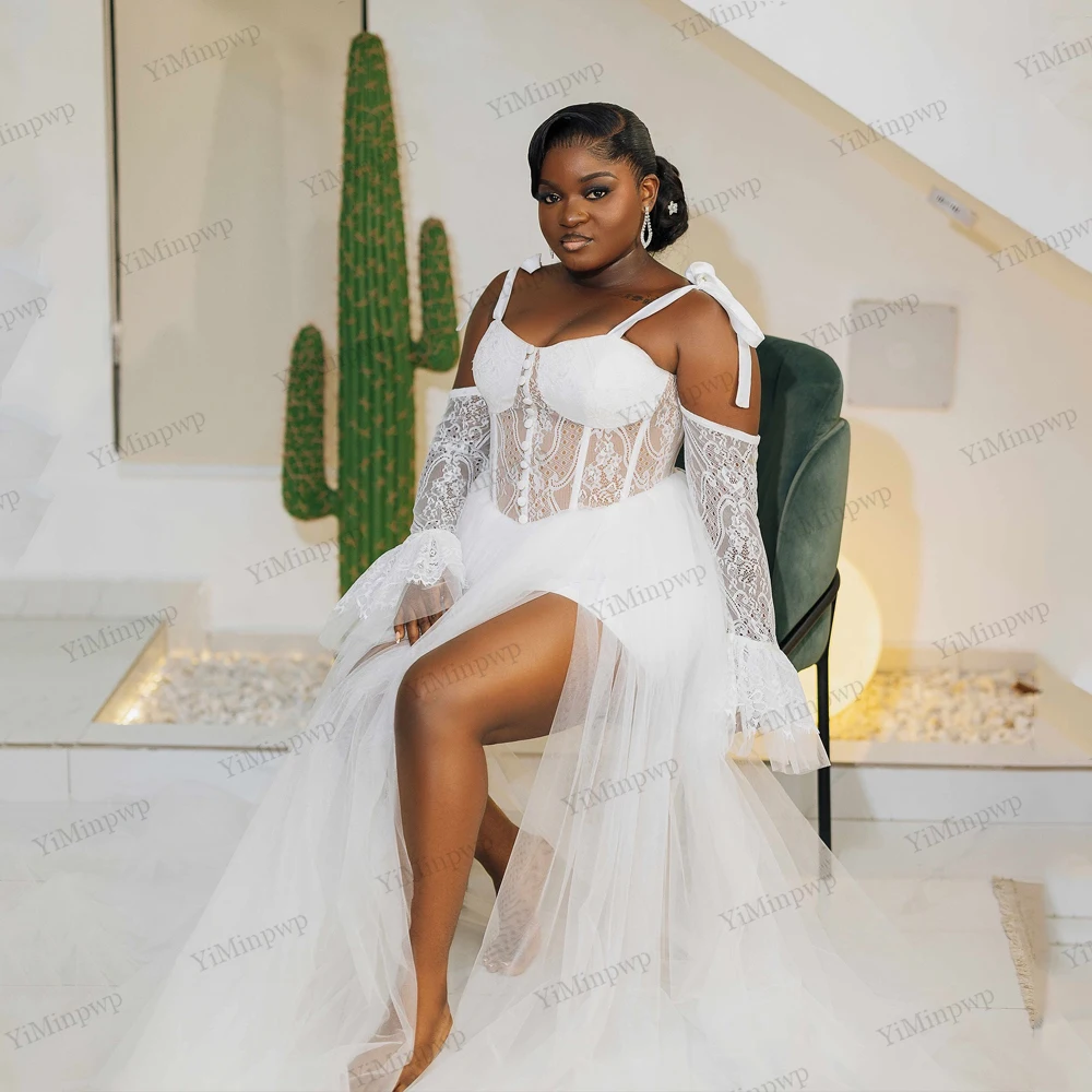 الدانتيل العروس الجلباب الزفاف الفاخرة السباغيتي الأشرطة طويلة الأكمام عالية منخفضة الزفاف الأفريقي الجلباب الزفاف لالتقاط الصور حسب الطلب #2