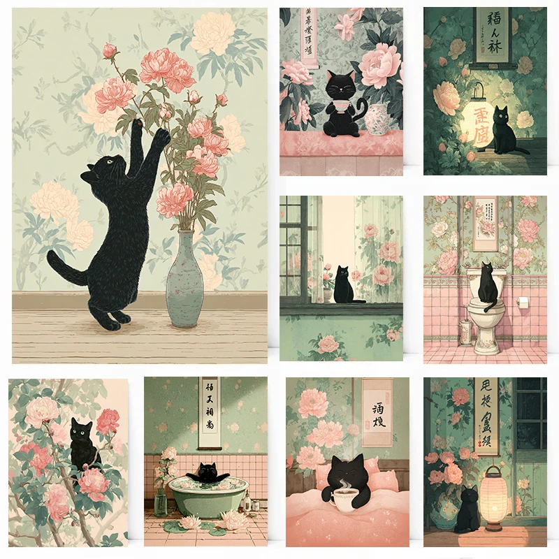 Japandi Schwarze Katze Poster Minimalistische Asiatische Katzen-Drucke Leinwandgemälde Minimalistische Japanische Wandkunst Bilder Heim-Raumdekoration