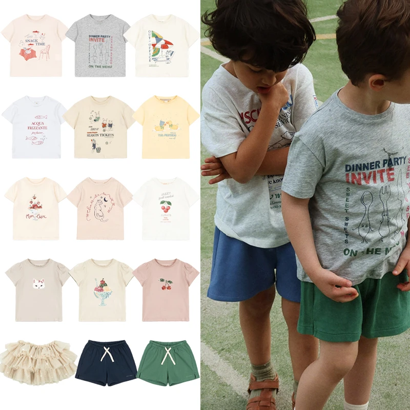 

Children's Set 2026 New Spring Summer KS Boys Girls Printed Round Neck T-shirt Kids Solid Color Shorts Girls' Casual Half Skirt