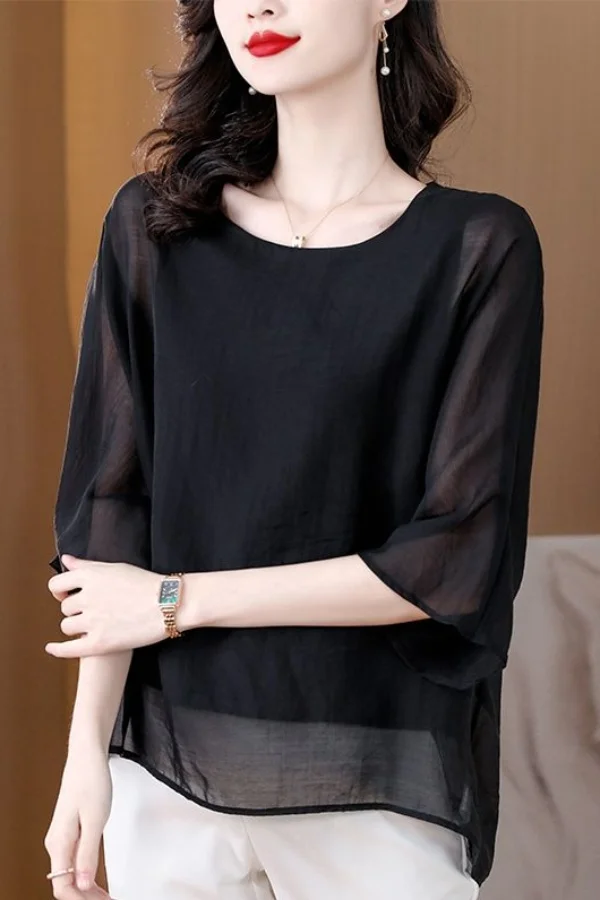 

2025 New Chinese Style Fashionable Chiffon Blouses for Women Loose Sleeves Tops to Hide Flab