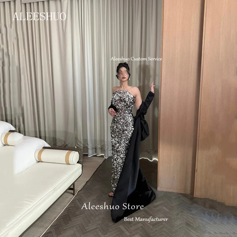 Moderne Meerjungfrau-Pailletten-Abschlussballkleider, plissiert, trägerlos, halbe Ärmel, langer Zug, Party, formelles Abendkleid, sexy, rückenfrei, individuell