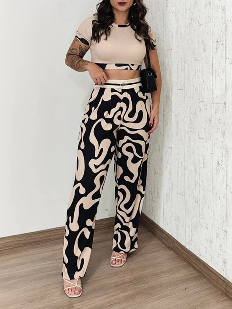 Abstract Print Crop Top & Pocket Design Pants Set