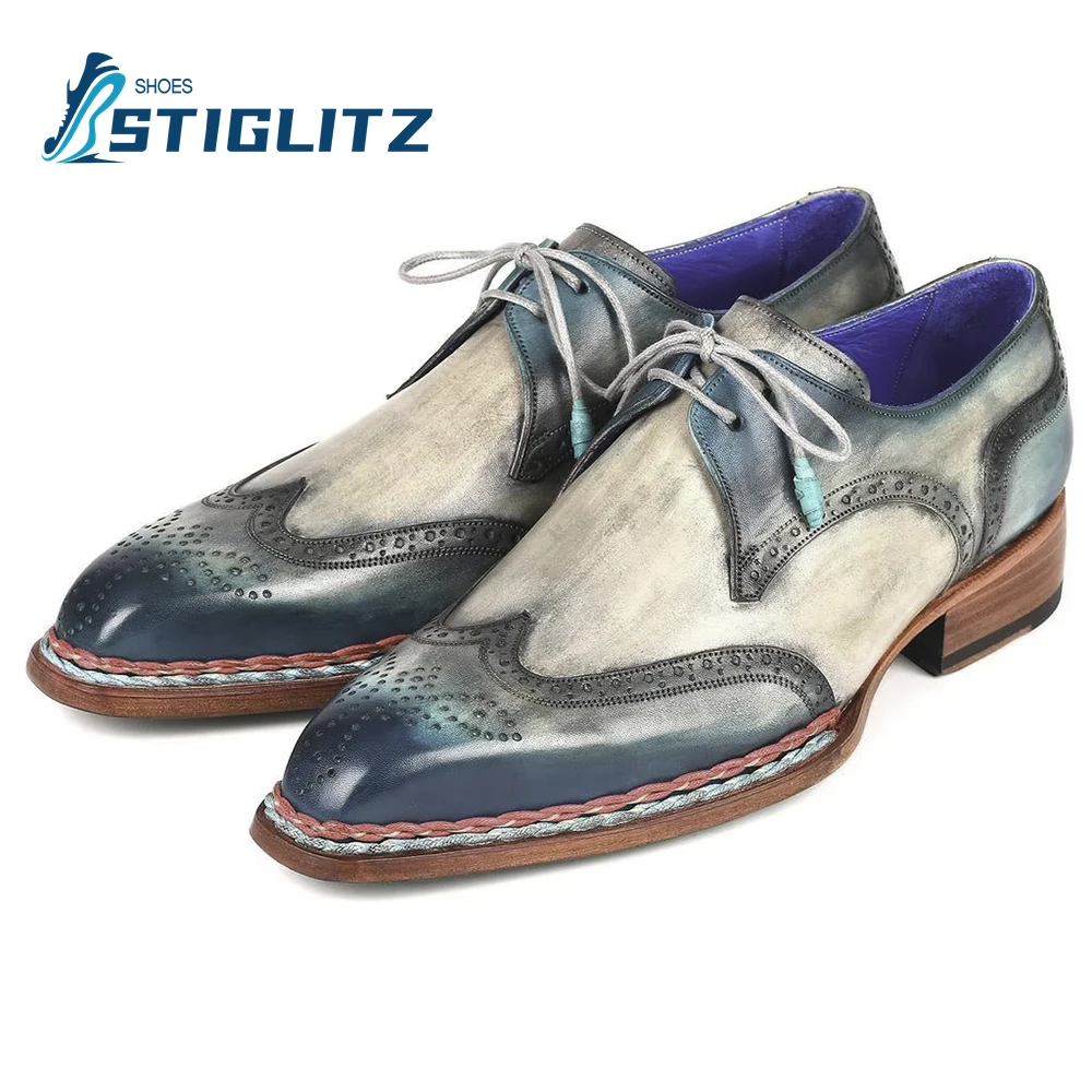 Welted Wingtip Derby Shoescolor Polished Shallow Lace-Up Oxford Shoes for Men Formal Genuine Leather Shoes High Quality Brogues