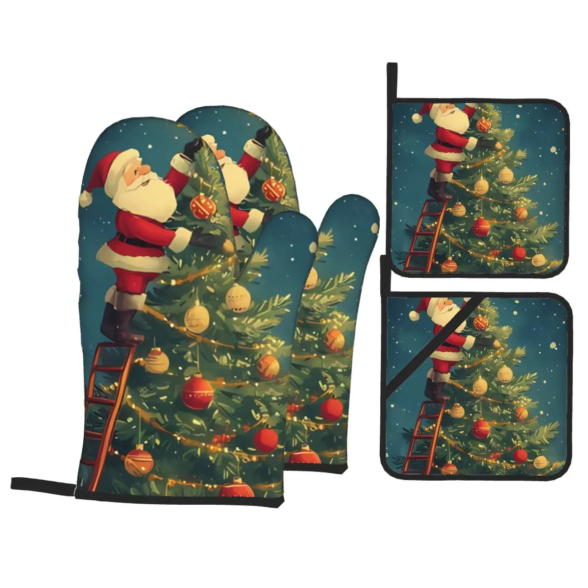 

Merry Christmas Gifts 4-Piece Insulated Glove & Pad Set Anti-Slip Heat-Resistant Oven Gloves for Cooking Baking & BBQ