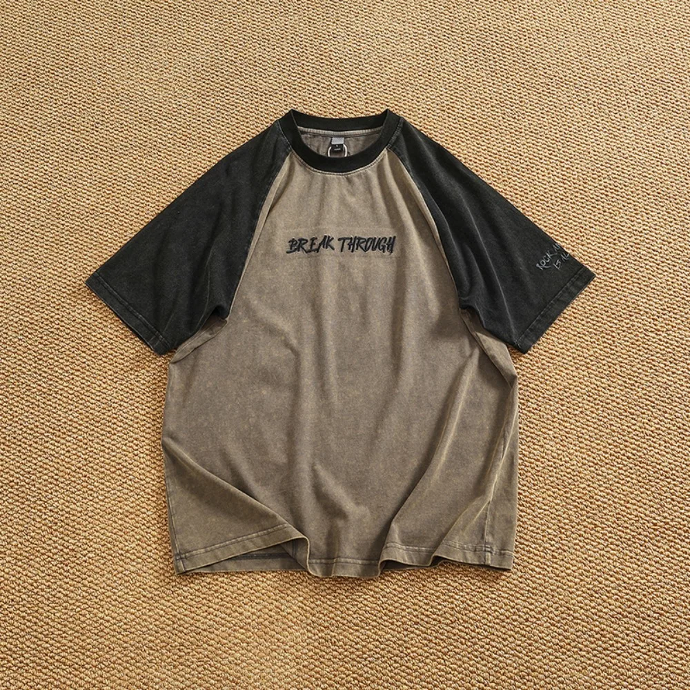 

Contrasting color raboss sleeves loose short-sleeved T-shirt men heavy-duty old washing summer casual half-sleeved T-shirt