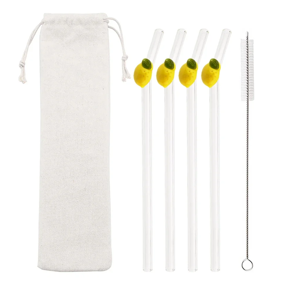 200*8mm Drinking Straw Set with Brush 4/5pcs Lemon Glass Straws High Borosilicate Bent Glass Straw Home Party Bar Drinkware