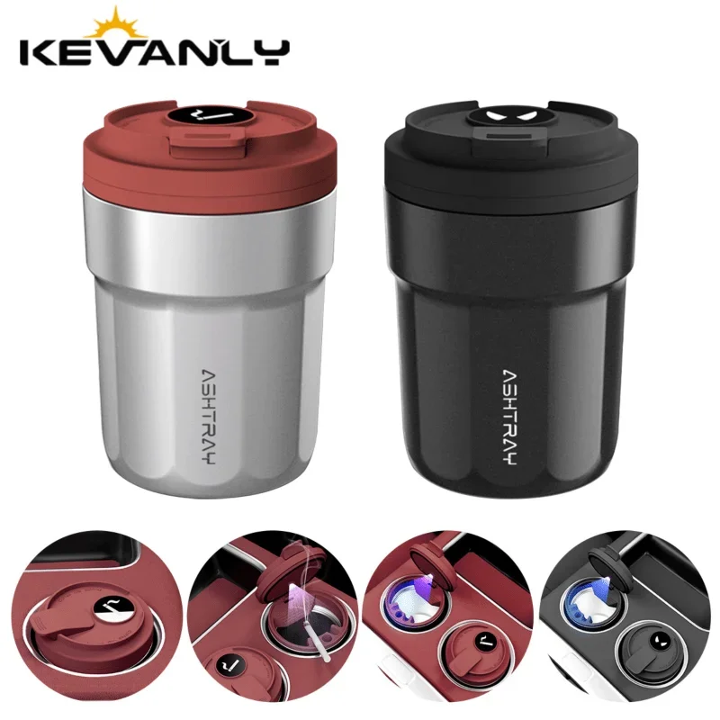 Universal Car Cup Holder Ashtray,7 Colors Auto LED Glow Lid Smokeless Ash Tray,Fire Resistant Detachable Stainless Steel Portabl