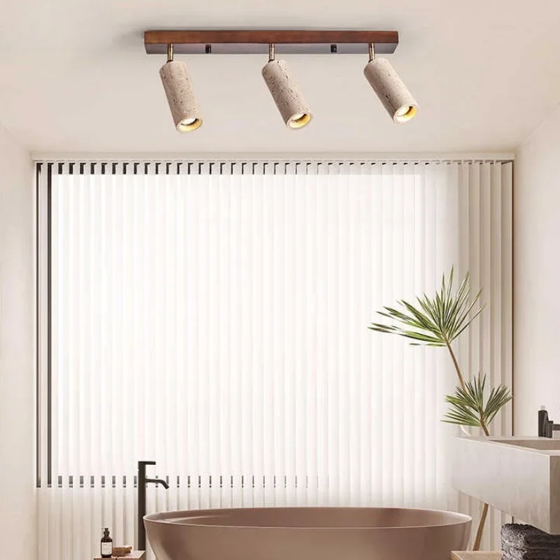 Lámpara de techo de travertino amarillo de estilo japonés Wabi-Sabi, foco de 3 cabezales de piedra cueva para dormitorio, guardarropa, pasillo, tienda de ropa