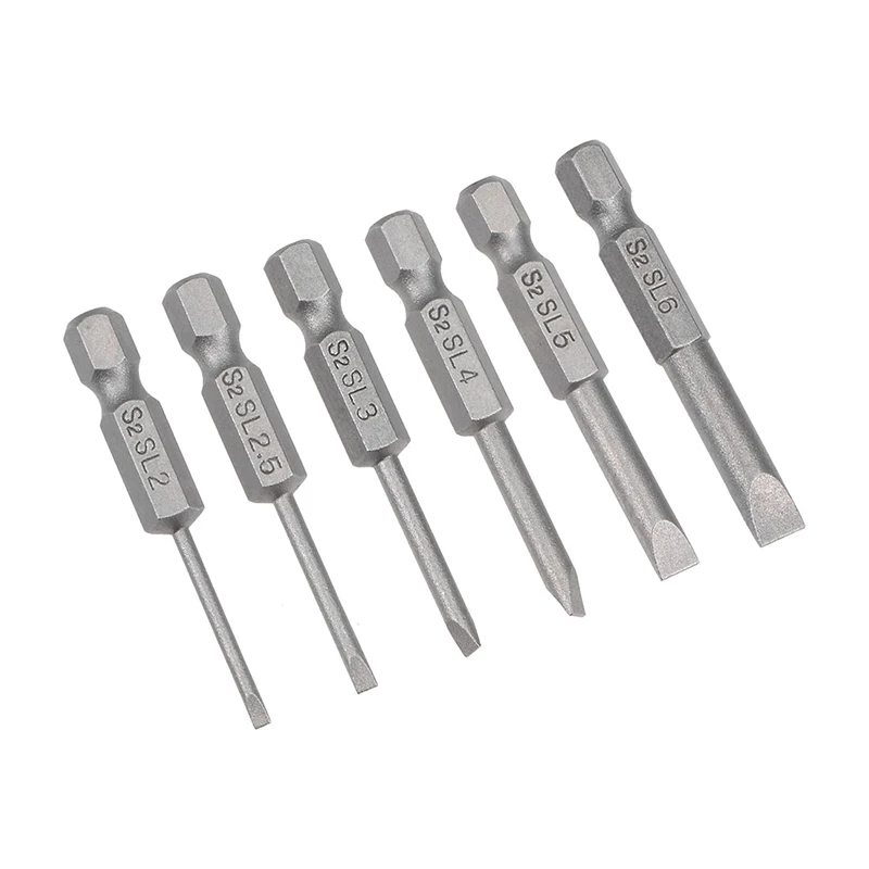 

6pcs 50mm Slotted Screwdriver Bits Set SL2 SL2.5 SL3 SL4 SL5 SL6 1/4' Hex Shank Flat Head Magnetic Screw Driver Electric Drill