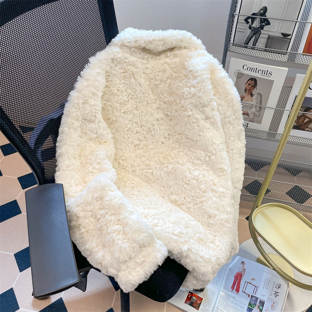 

Women's Warm Lamb Wool Jacket Fashion Stand Collar Cow Horn Button Loose Thick Coat Autumn Winter Fur One-piece Cotton Top