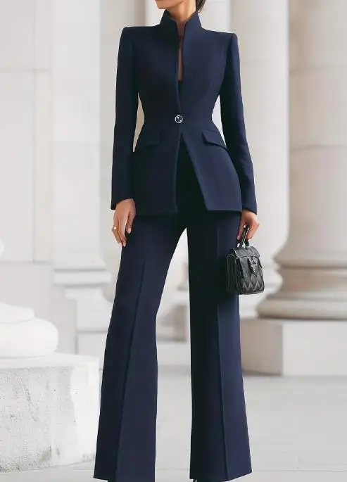 

Professional Stand Collar Single Button Slim Suit Jacket & Micro Flared Pants Set Temperament Commuting Women Elegant Pants Sets