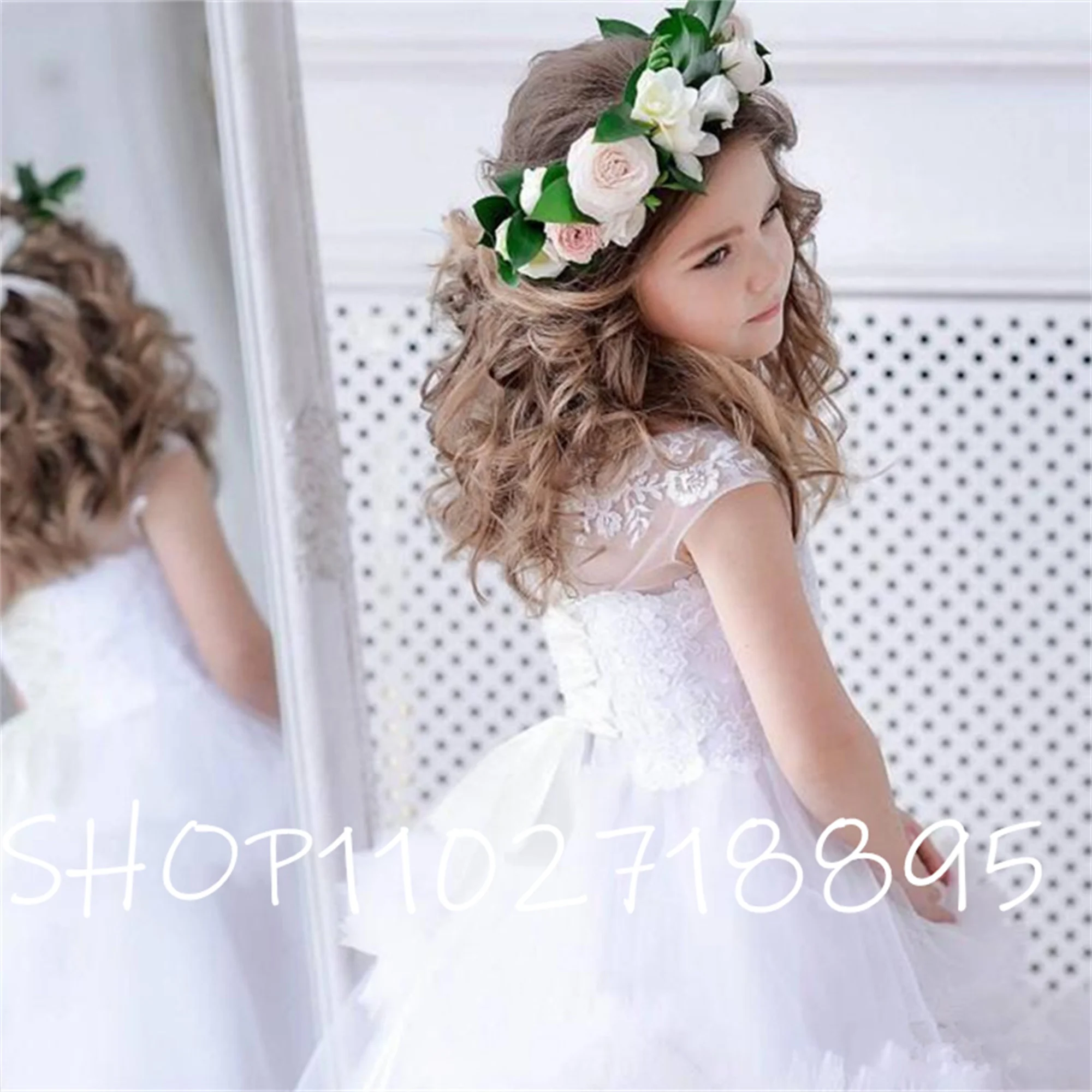 

Ruffled Flower Girl Dresses Toddler Girls Pageant Dresses Lace Appliques Tulle Floor Length Girls Birthday Party Skirts