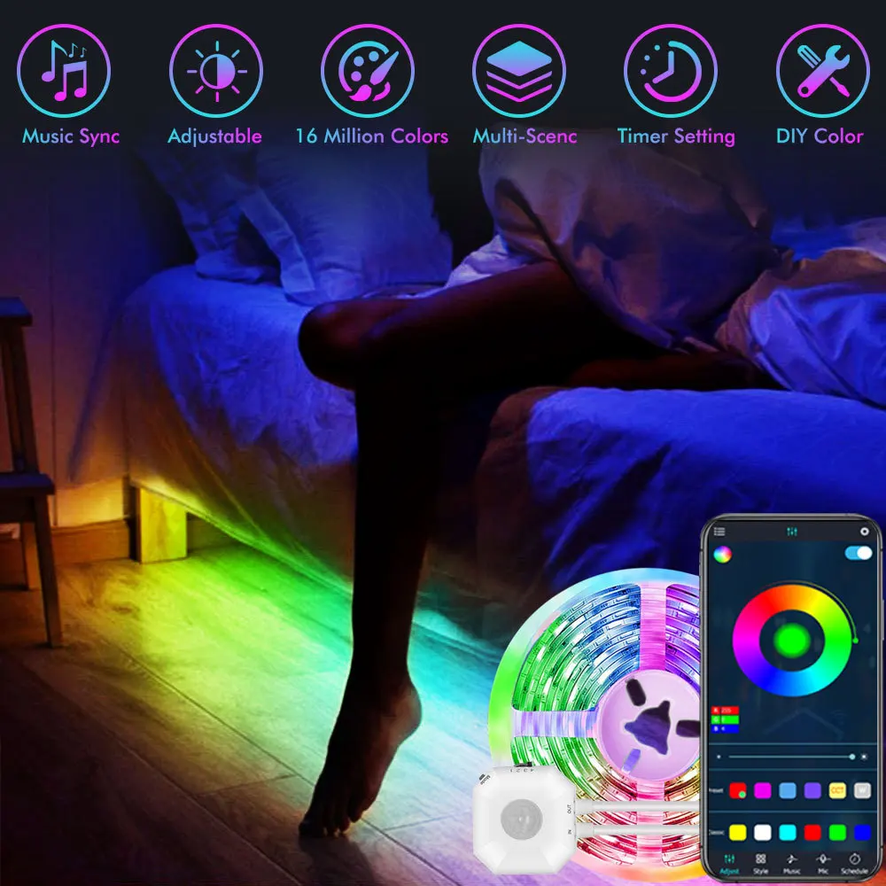 5M Night Lamp Led Strip Lights Motion Sensor 5V Usb Plug RGB Bluetooth Backlight Smart Music Sound Control For Bed Room Cabinet
