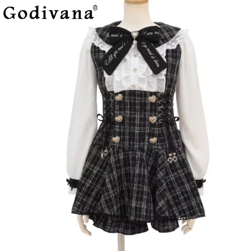 

Large Size Spring Autumn Japanese High Waist A-line Cute Girl Dress College Versatile Long Sleeve Age-reducing Dress Shorts Sets