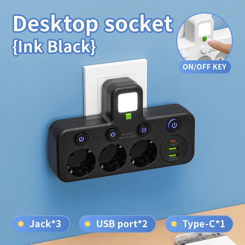 2/3/4-fach Steckdose EU-Stecker ohne Verlängerungskabel mit oder ohne USB Typ-C Anschlüsse Zwei Spezifikationen