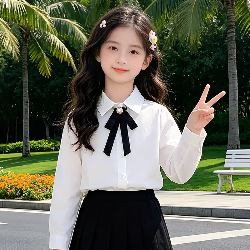 2026 OL autumn winter Girls clothes Baby JK white bow pearl Blouses Shirts teenager Kid Princess 1pc top 4 7 8 9 10 11 12 year