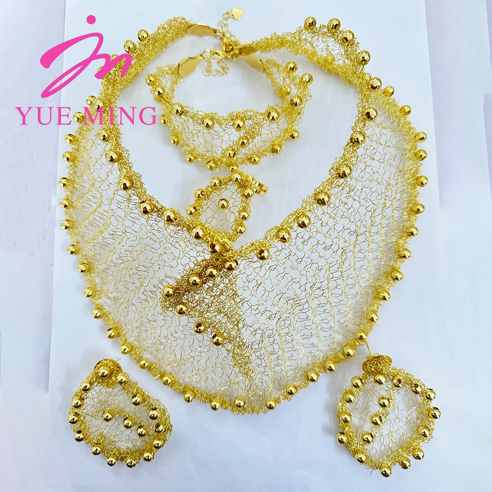 Dubai Gold Plated Jewelry Set Women's Big Flower Necklace Charm Bracelet Open Ring Luxury Earrings Jewellery Anniversary Gift