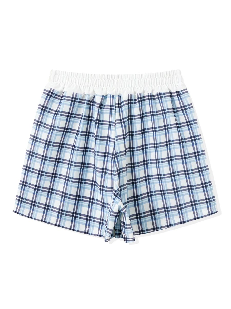 wsevypo American Retro Plaids Casual Shorts for Women Summer Elastic Band Loose Short Pants Streetwear Grunge Aesthetic Clothes