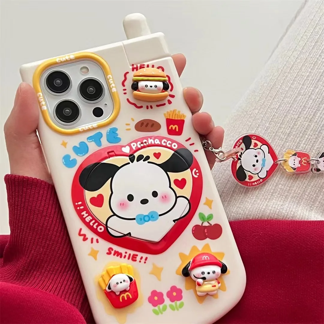 Fashion Mobile Phone Anime Cartoon Cute Pachacco Mirror bracket phone case for iphone 13 14 12 15 Pro Max 11 16 Pro lovely Cover